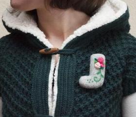Needle felted brooch, felted boots, gray, flowers,woman