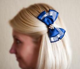 Blue barrette, woman brooch, blue white bow, crystals, pearls