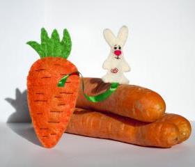 Carrot with bunny felt brooch, orange, green