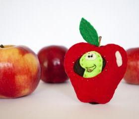 Apple with worm felt brooch, red, green, brown.