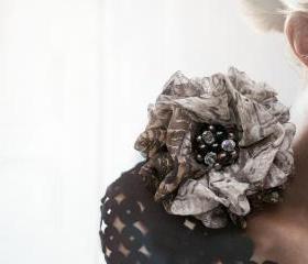 Brown silk brooch, woman brooch, glass beads.