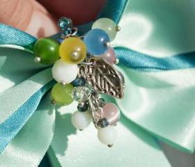 Turquoise brooch, blue brooch, woman brooch, bow, glass beads.
