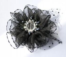 Black brooch, woman brooch, glass beads, chrystal.
